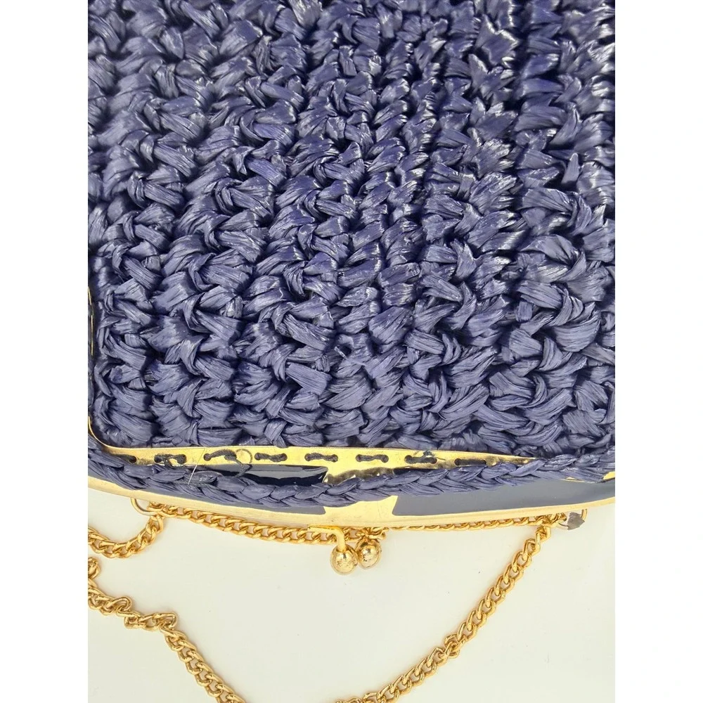 Vintage Walborg Navy Blue Raffia Crochet Kiss Lock Evening Bag Made in Italy